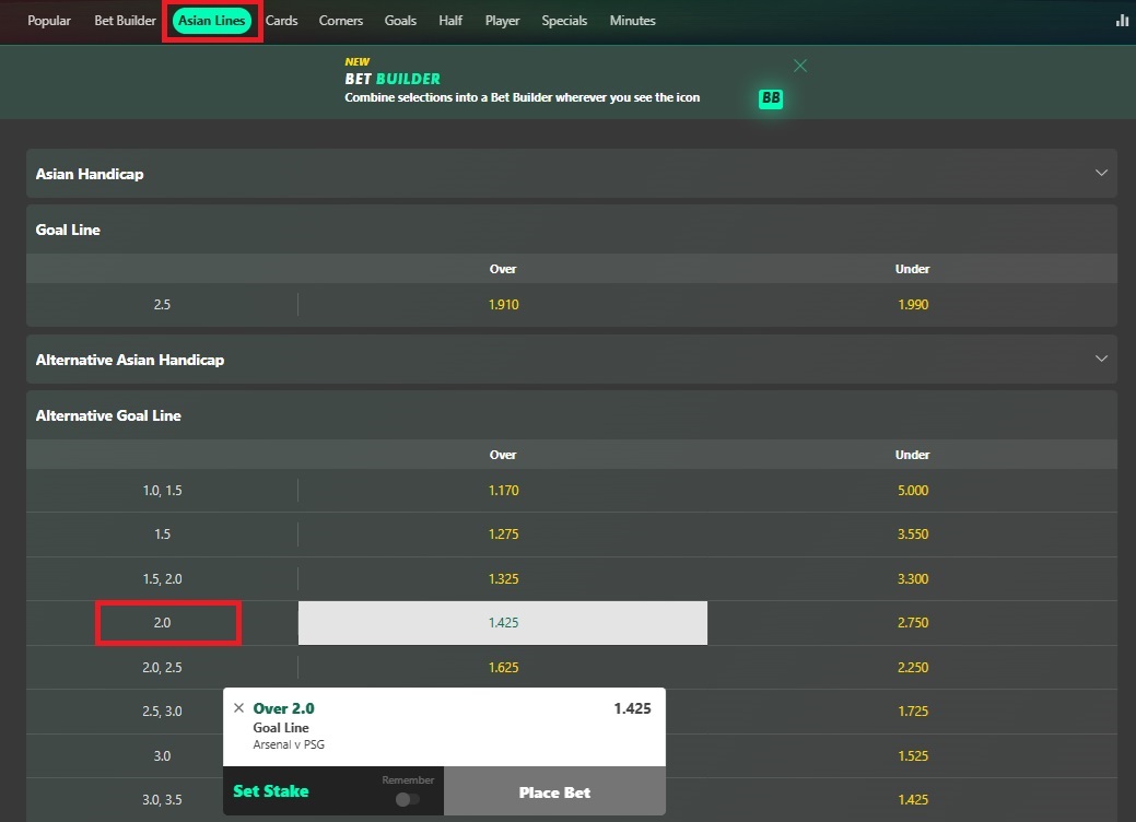 Bet365 screen for Arsenal v PSG with the Asian Lines tab highlighted and the alternative goal line section showing